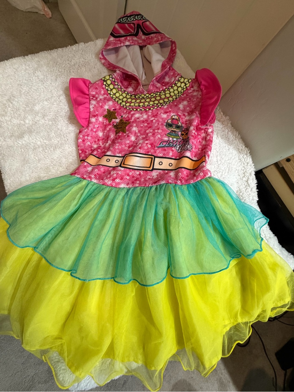 L.O.L. Surprise! Pink Sequin Hooded Dress with Yellow & Green Tulle Skirt